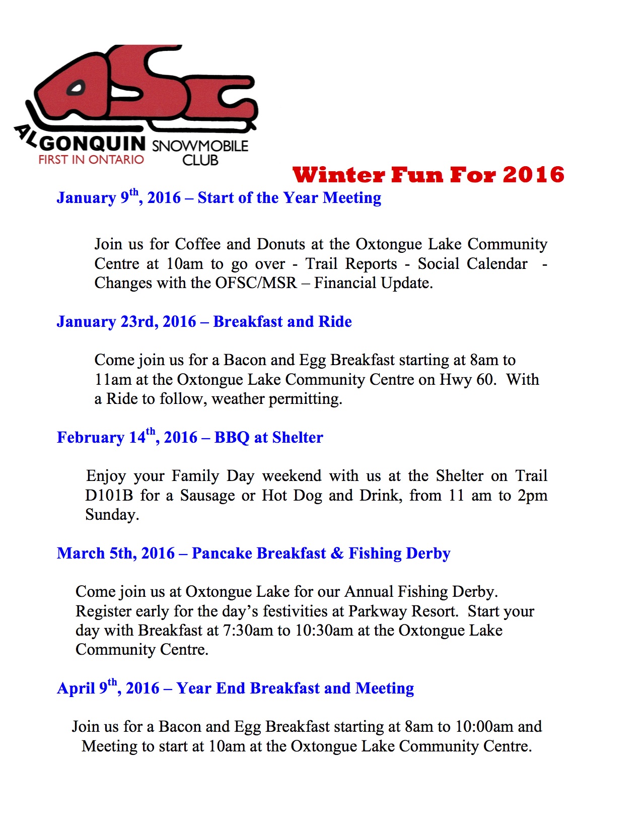 Algonquin Snowmobile Club Calendar